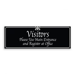 Visitors Please Use Main Entrance and Register at Office Sign with Fancy Font, Border and Decoration